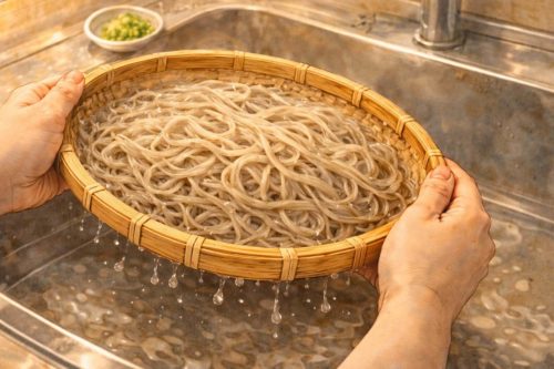 そばを水切りしているイラスト