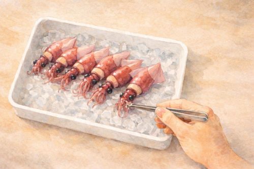 ホタルイカをピンセットで下処理しているシーン