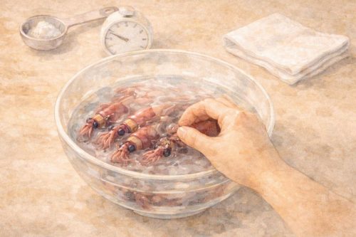 ホタルイカを水で洗っているシーン