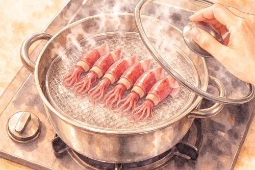 ホタルイカを蒸し直ししているシーン