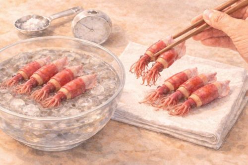 ホタルイカを冷水で締めているシーン