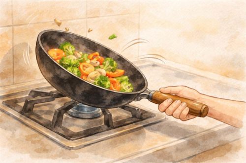 炒め鍋を重そうに振っているシーン