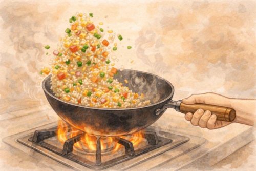 中華鍋でチャーハンを調理しているシーン