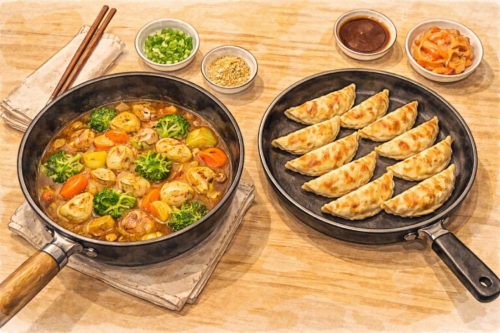 炒め鍋には煮物、フライパンには行さが入っているイラスト