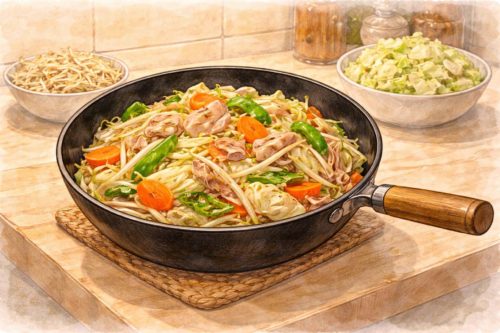 大きな28cmの炒め鍋にたくさんの肉野菜炒めが入っているイラスト