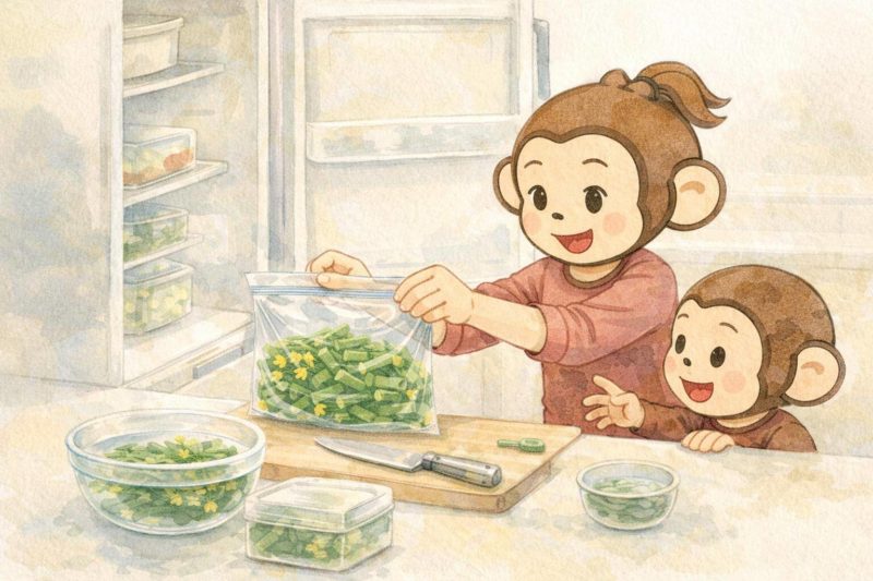 おサルの家族がアスパラ菜を冷凍庫に保存しようとしているシーン