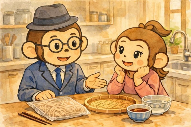 おサルの家族が、冷凍そばの調理前に話し合っているイラスト