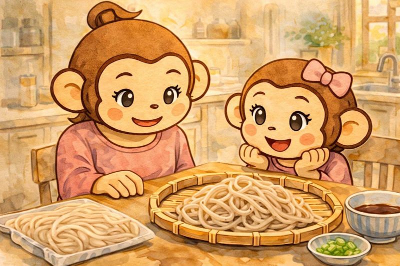 おサルの家族が、冷凍そばを上手に調理出来て喜んでいるイラスト
