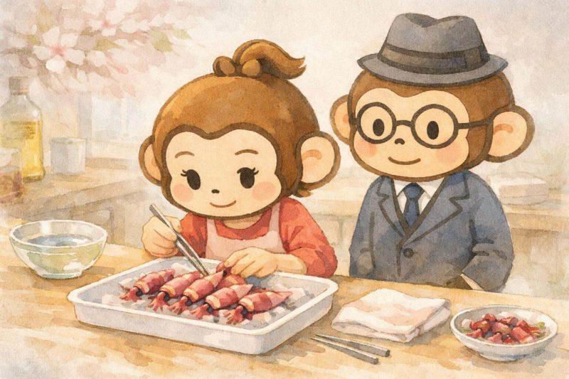 おサルの家族がホタルイカの下処理をしているシーン