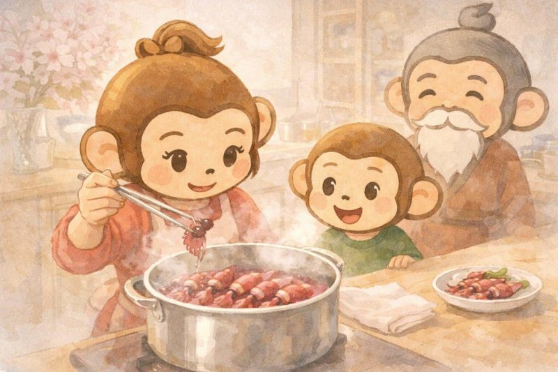 おサルの家族がホタルイカを調理しているシーン