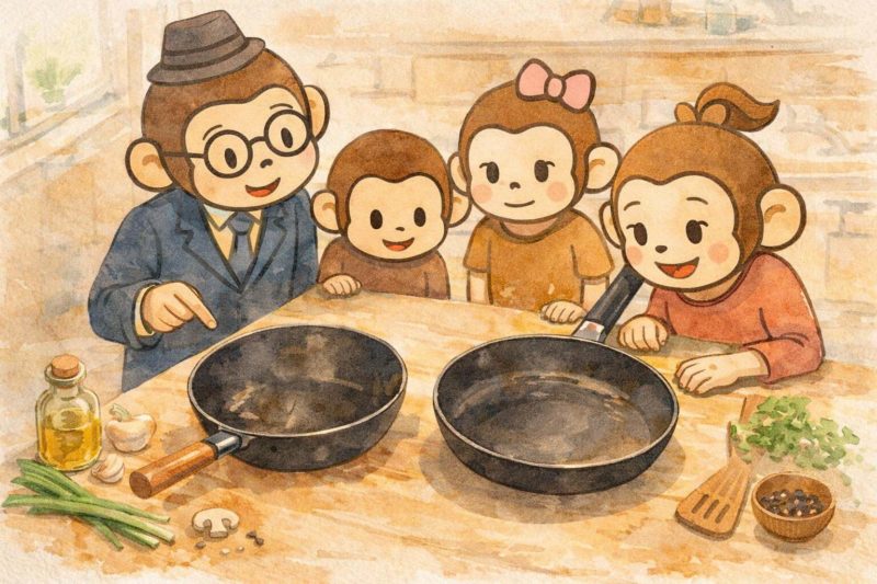 おサルの家族が炒め鍋とフライパンの違いについて話し合っているシーン