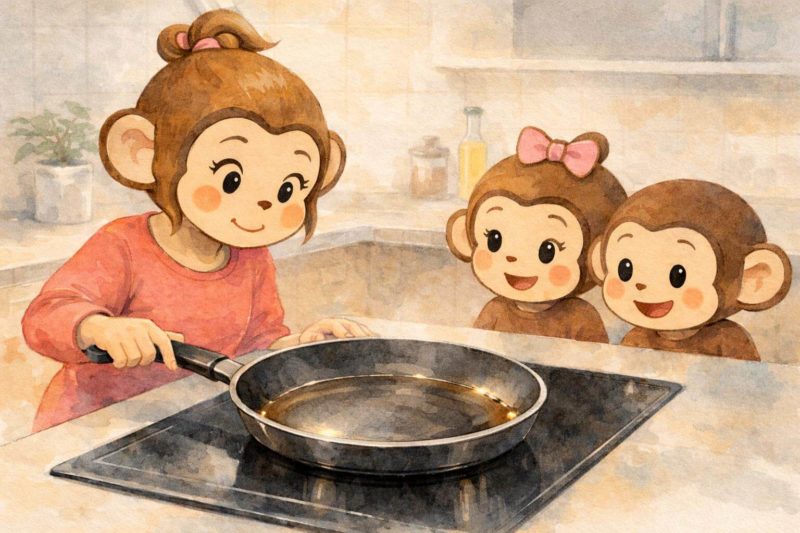 おサルの家族が、IHでフライパンを適切な温度で余熱を行っているシーン