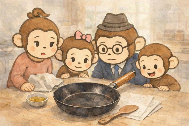 おサルの家族がフライパンを不安そうに見つめているシーン