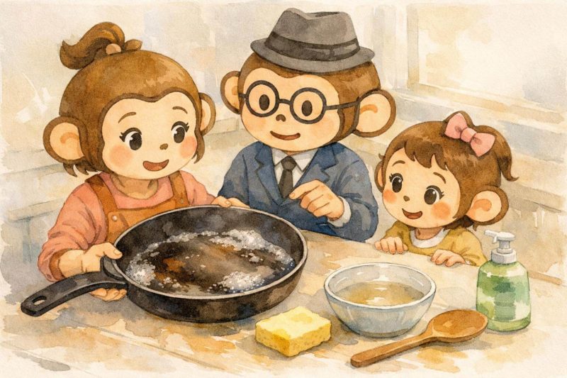 おサルの家族が、焦げ付いたテフロンフライパンを前に改善策を話し合っているシーン