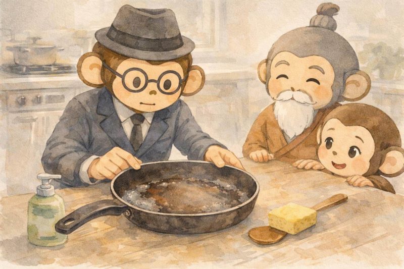 おサルの家族が、テフロンフライパンの寿命の見極めをしているシーン
