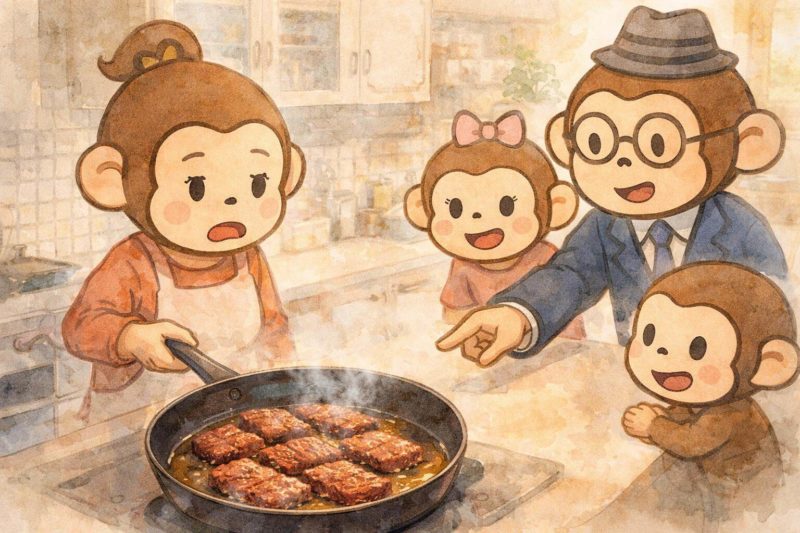 おサルの家族が、焼き肉を焼いているイラスト