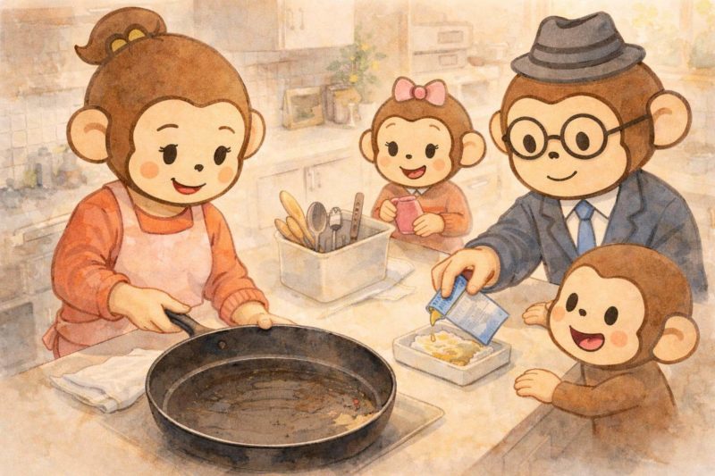 おサルの家族が、後片付けをしようとしているイラスト