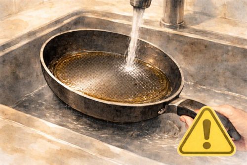 フライパンを水で急冷することに対して警告しているイラスト