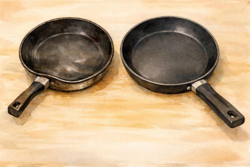 過度に変形してしまったフライパンと正常なフライパンのイラスト