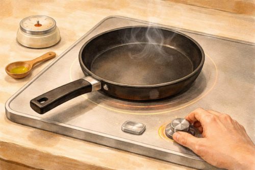 フライパンを中火管理で適正な余熱を行っているフィラスト