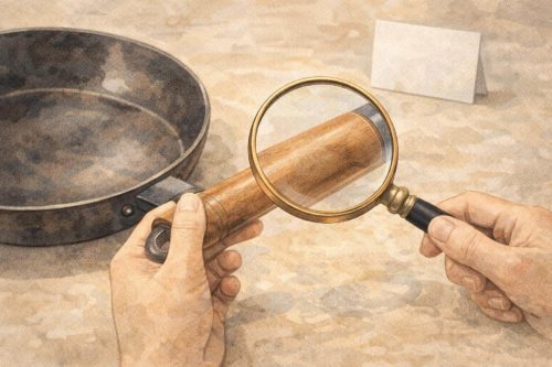 フライパンの取っ手部分を虫眼鏡で調べているシーン