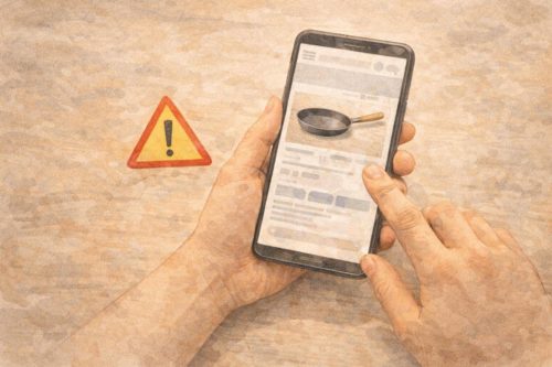 スマートフォンでフライパンについて調べているシーン