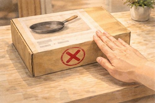 フライパンの入った箱にバツ印