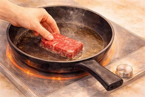 適切に予熱を行ったフライパンに肉を置いているイラスト