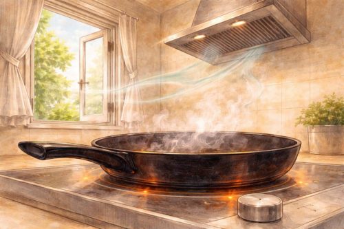 適切な換気を行い菜たらフライパンで調理をしているイラスト