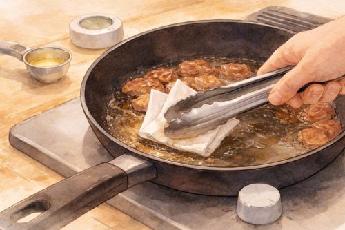 キッチンペーパーで脂を吸い出しながらフライパンで肉を焼いているイラスト