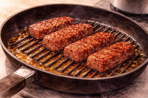 溝付きグリルパンで肉を焼いているイラスト